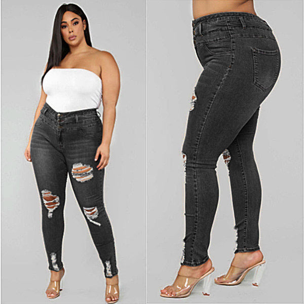 High waist ripped large size fat jeans