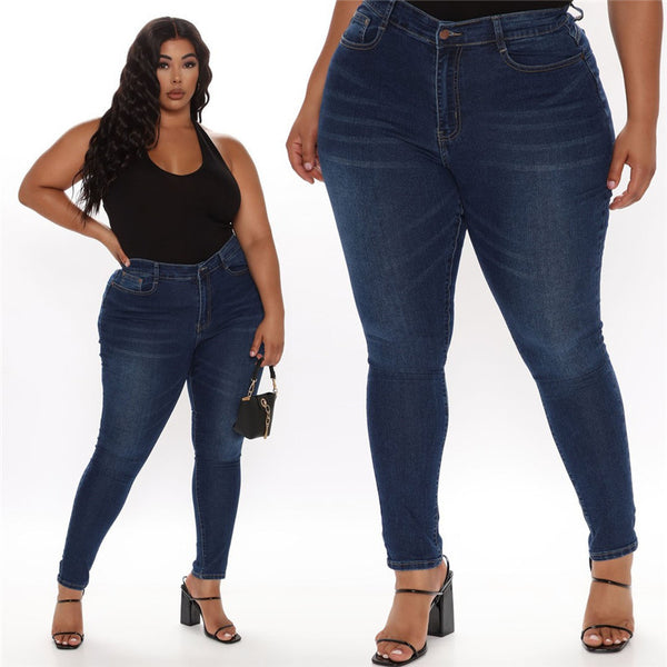 Plus Size Pencil Slim Jeans Stretch Women's Denim Pants Blue